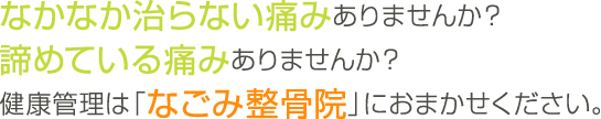なかなか治らない痛みありませんか？諦めている痛みありませんか？健康管理は「なごみ整骨院」におまかせください。